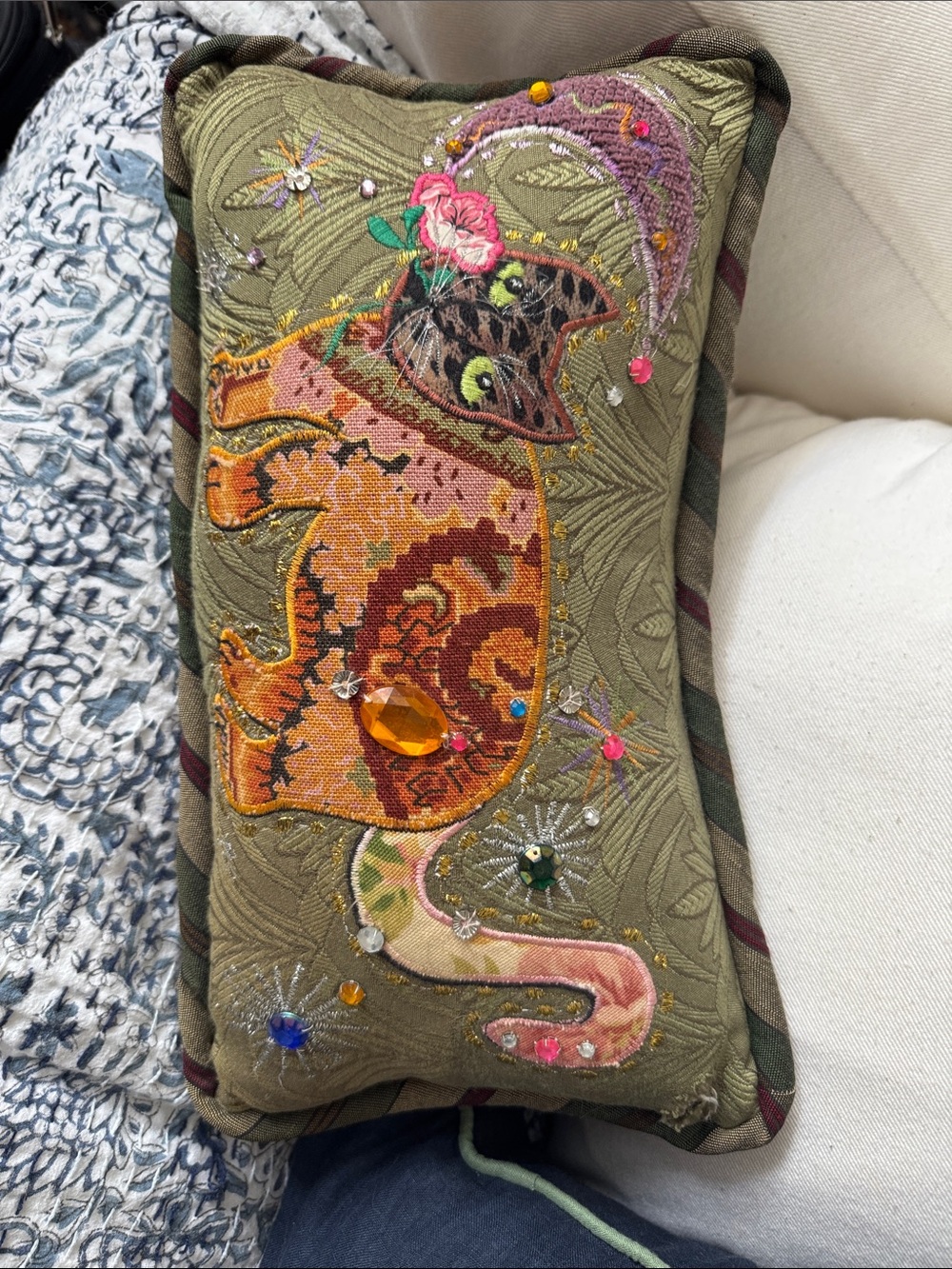 Vintage Handcrafted Embroidered Cat Accent Pillow in Olive Green